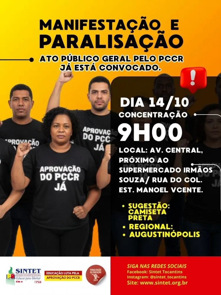 Sintet convoca paralisação geral nesta terça, 14, pela aprovação do PCCR da Educação