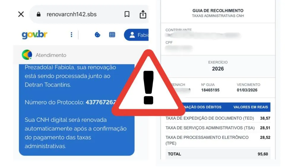 O site falso se assemelha ao site Gov.br, confundindo a vítima, passando a impressão de que ela está em um site oficial - Foto: Montagem Ascom Detran/TO