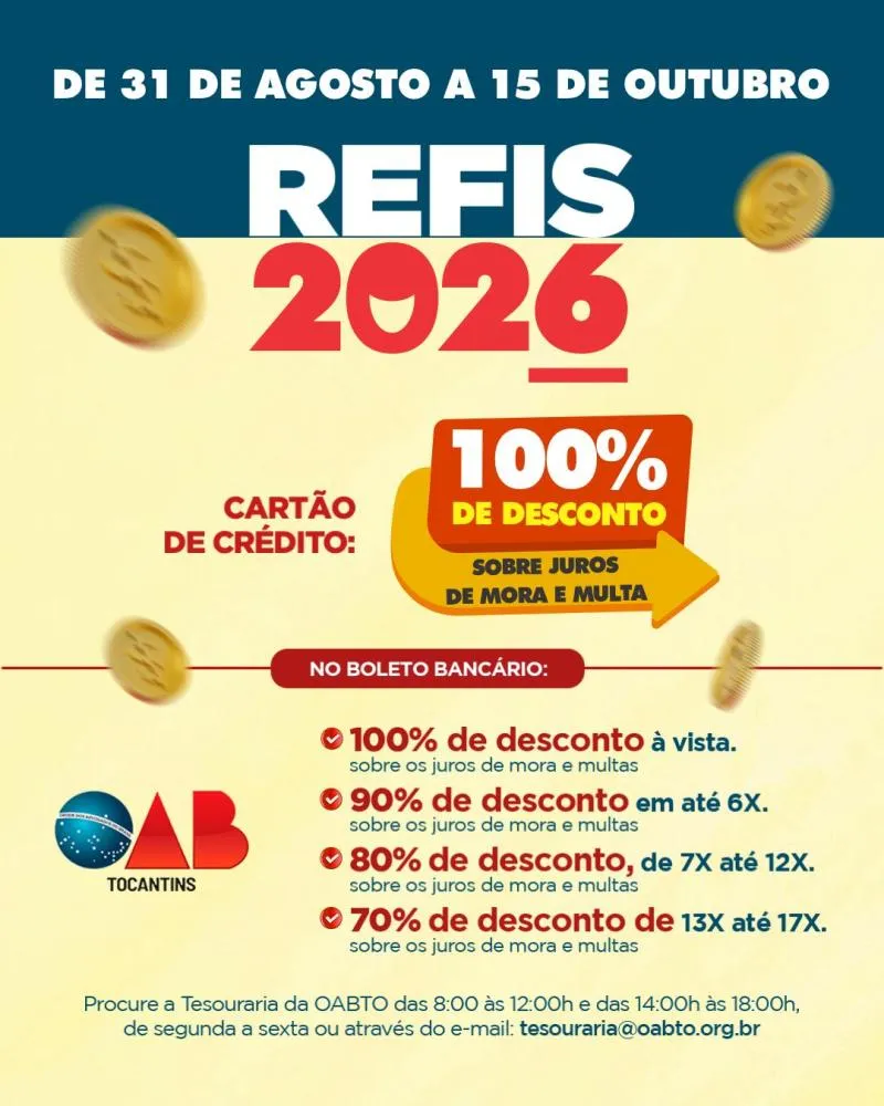 OABTO lança REFIS 2026 com descontos de até 100% em juros e multas e parcelamento em até 17 vezes