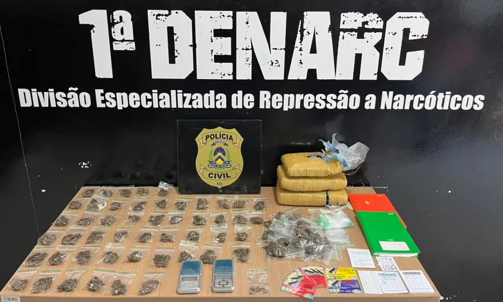 Porções e tabletes de maconhas apreendidos pela 1ª Denarc em Palmas. Foto: Denarc/Palmas
