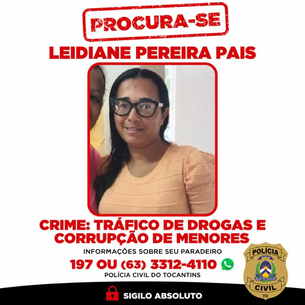 Polícia Civil do Tocantins procura mulher investigada por tráfico de drogas e corrupção de menores