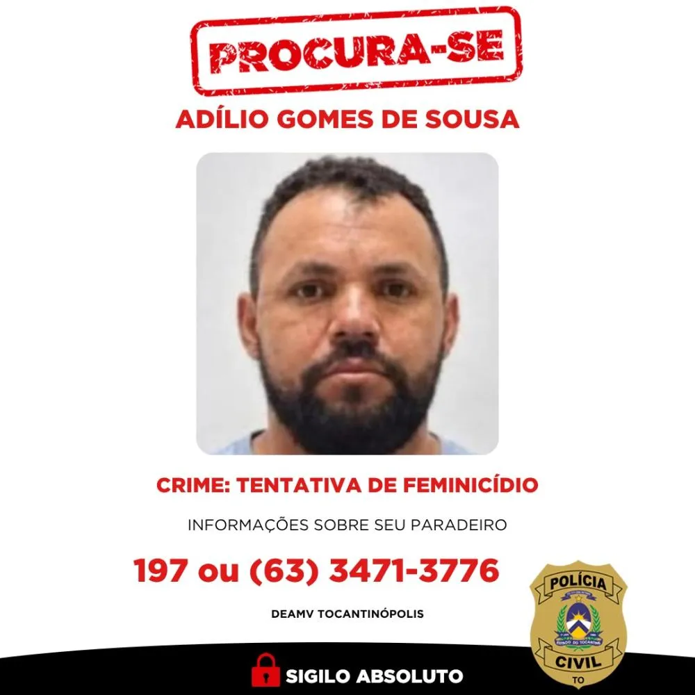 Polícia Civil do Tocantins procura suspeito de tentativa de feminicídio em Tocantinópolis